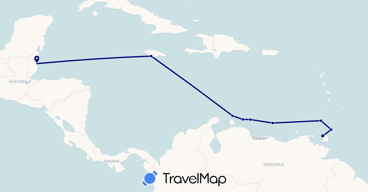 TravelMap itinerary: driving in Aruba, Belize, Curaçao, Grenada, Jamaica, Trinidad and Tobago, Venezuela (North America, South America)